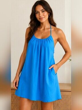 Idem Ditto Azure Blue Open Back Halter Mini Dress NWT Small